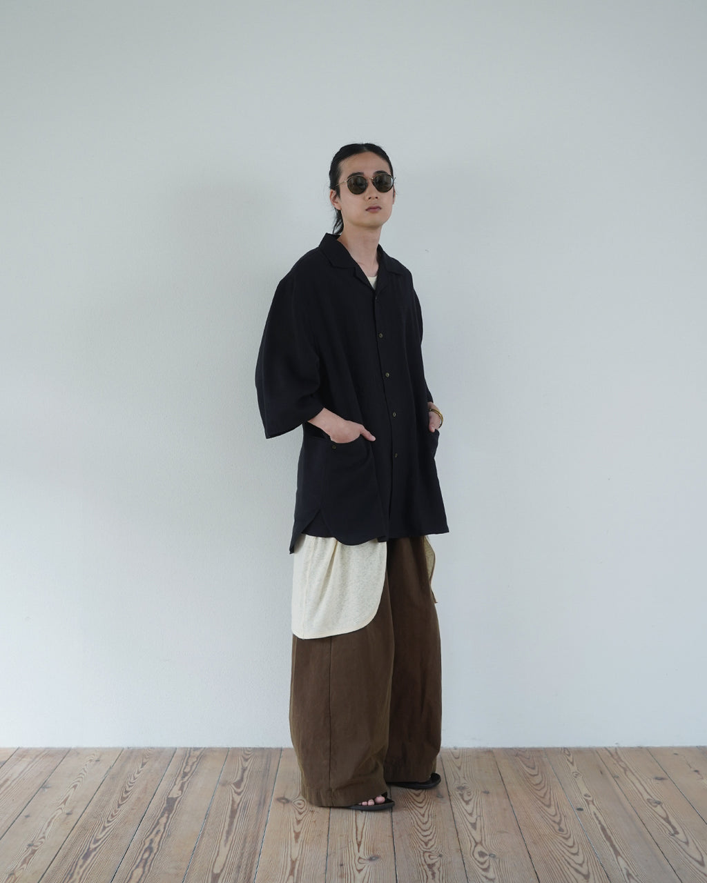 Wash Linen Open Collar 3/4 Sleeve Sleeping Shirt <#black>