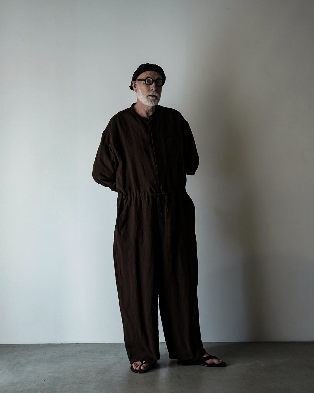 Wash Linen Band Collar Long-Sleeve Jumpsuit <#brown>