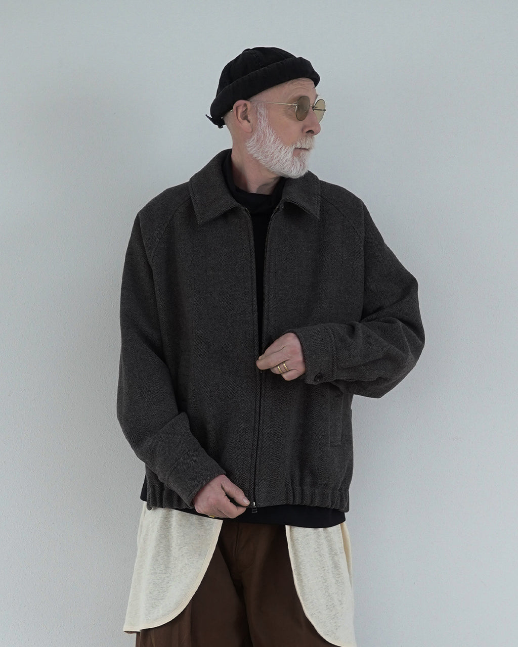 Wool Blend Herringbone Tweed Volume Zip Blouson <#brown>