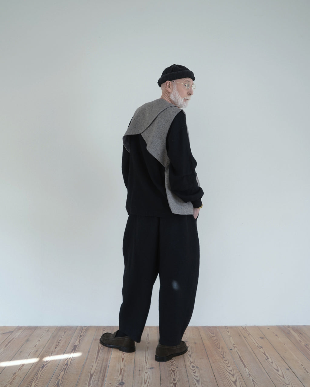 Shetland Wool Linen Crew Neck LS Tuck Rib Pullover <#black>