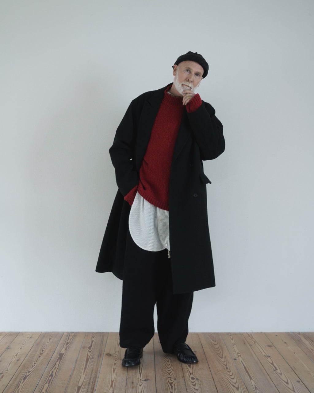 Wool Blend Double-Breasted Long Coat <#black>