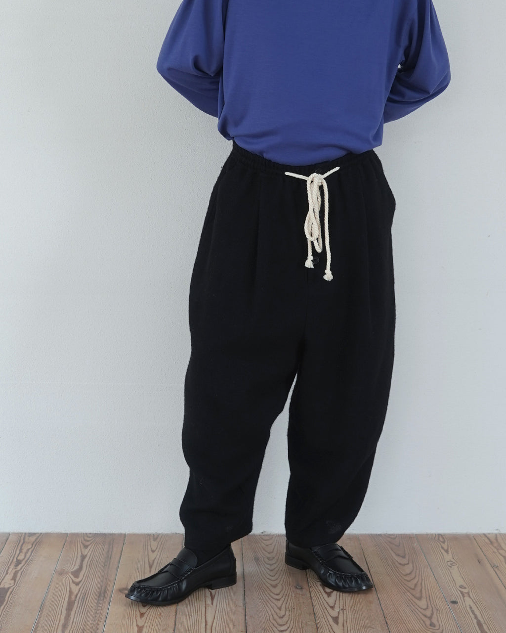 Shetland Wool Linen Rope Belt Easy Sarouel Pants <#black>
