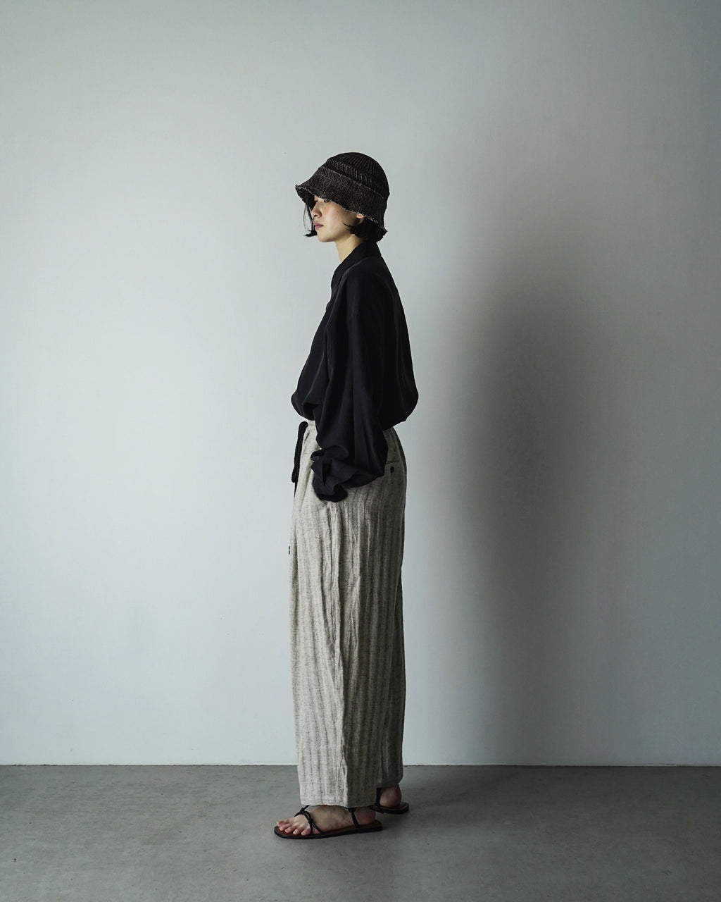Linen Herringbone Button-Fly Easy Sarouel Pants <#heather gray>