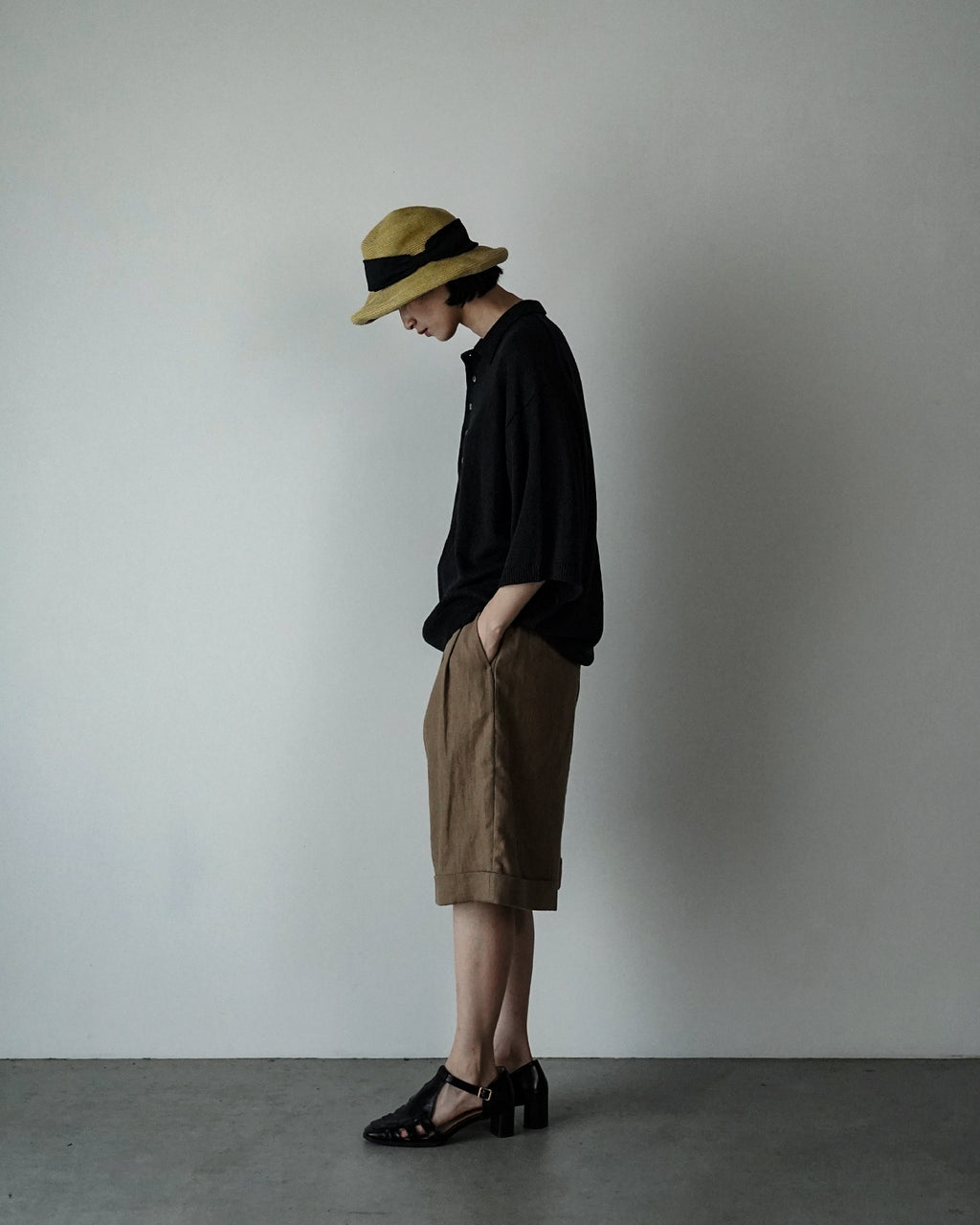 Linen Mid-Gauge Half Sleeve Knit Polo <#black>