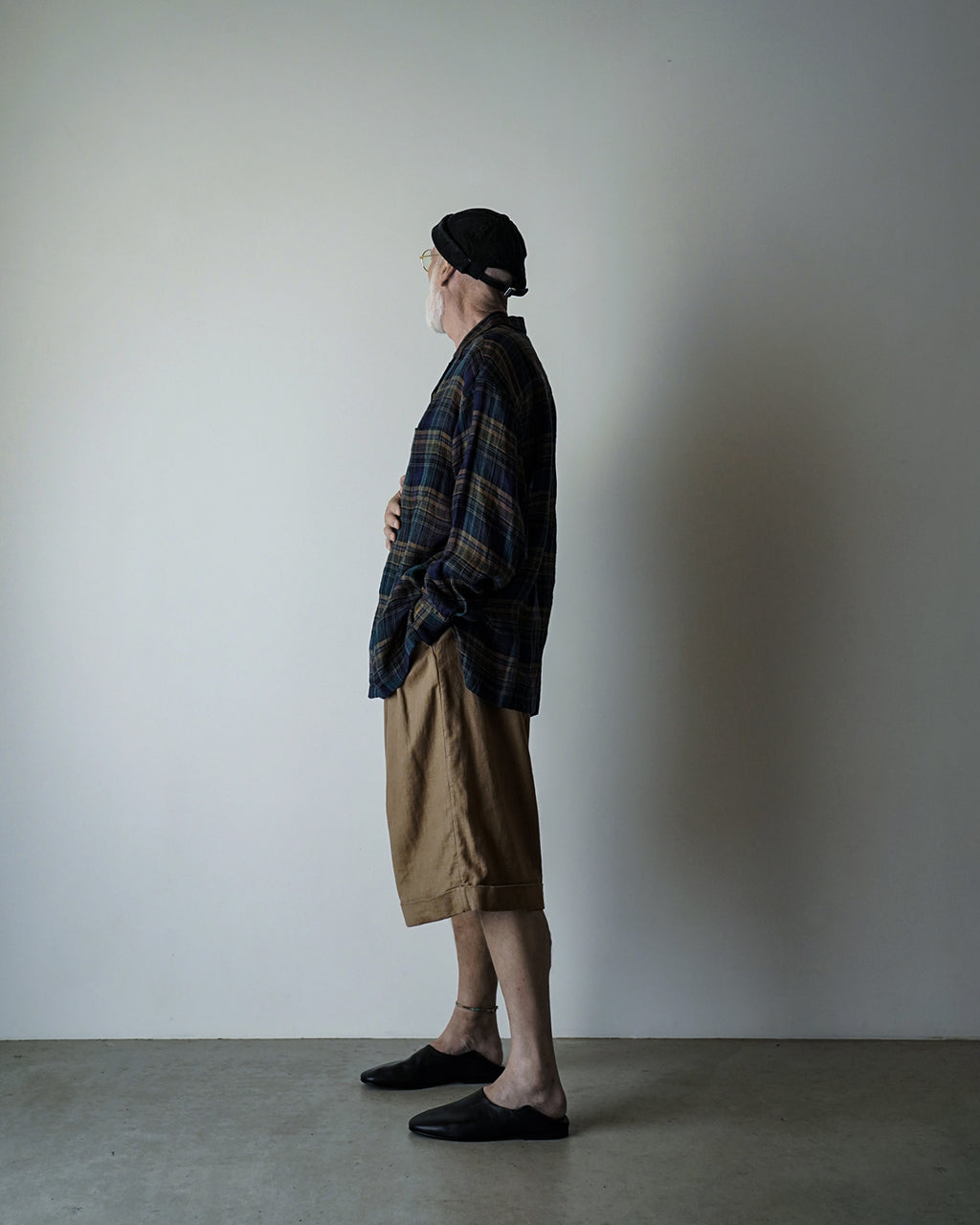 Linen Madras Check Open Collar Long-Sleeve Gathered Shirt<#navy check>