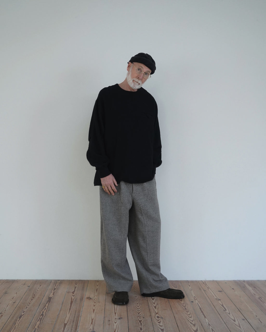 Shetland Wool Linen Crew Neck LS Tuck Rib Pullover <#black>