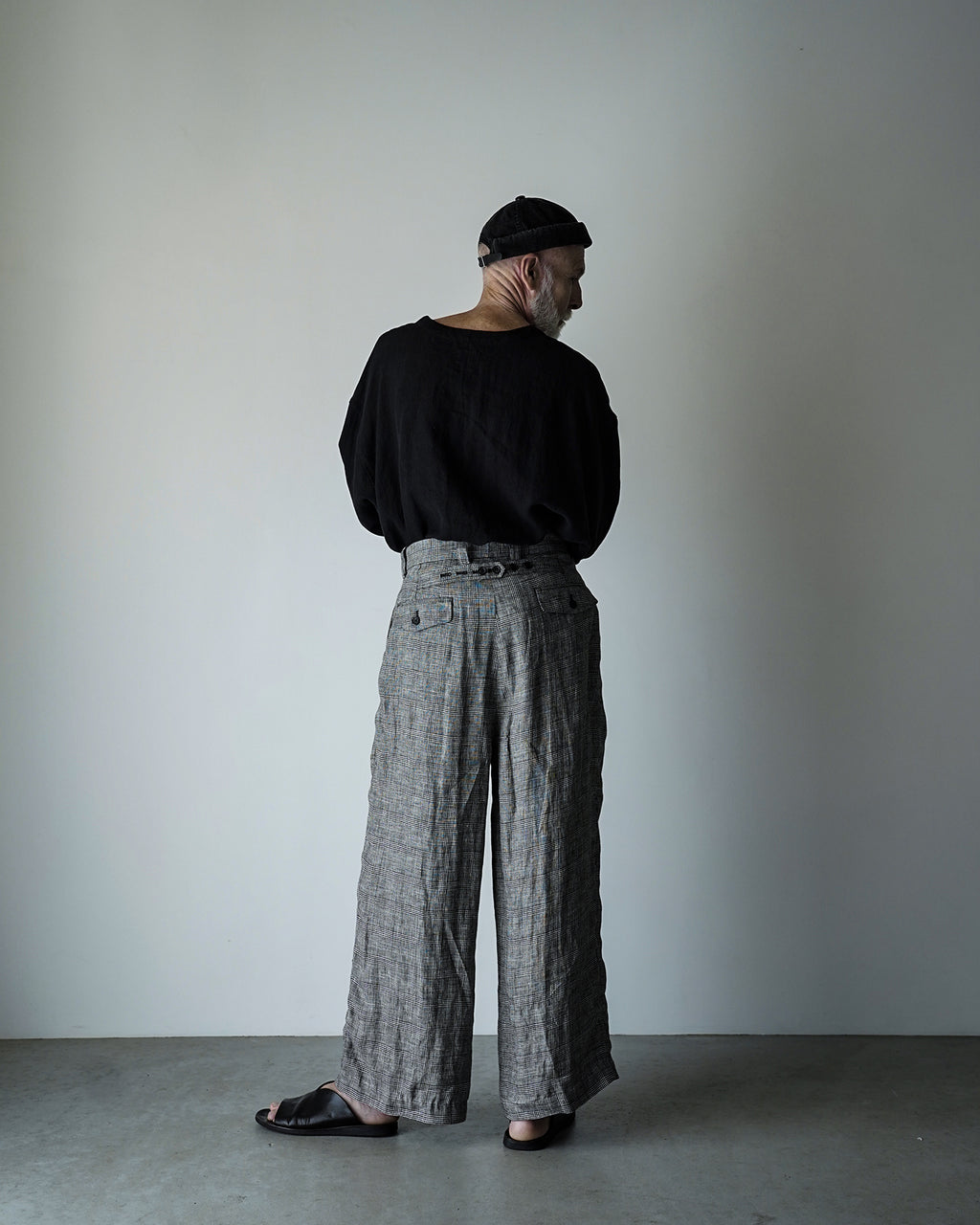 Glen Check Linen Back Belt 3Tuck Wide Straight Trousers <#glen check>