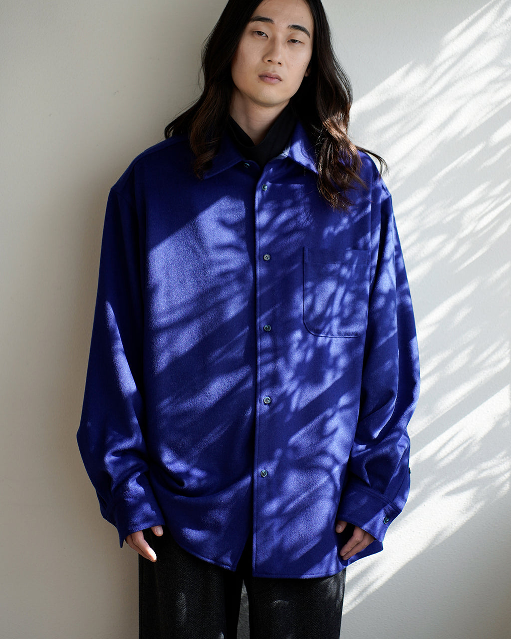 Wool Blend Heavy Flannel Wide Tuck Over Shirt <#royal blue>