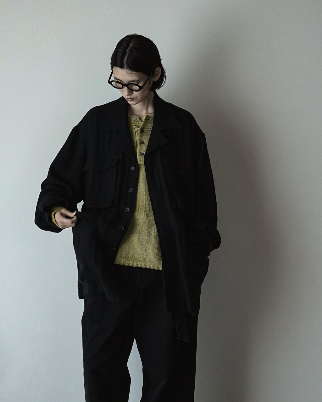 Linen Herringbone M-43 Field Jacket <#black>