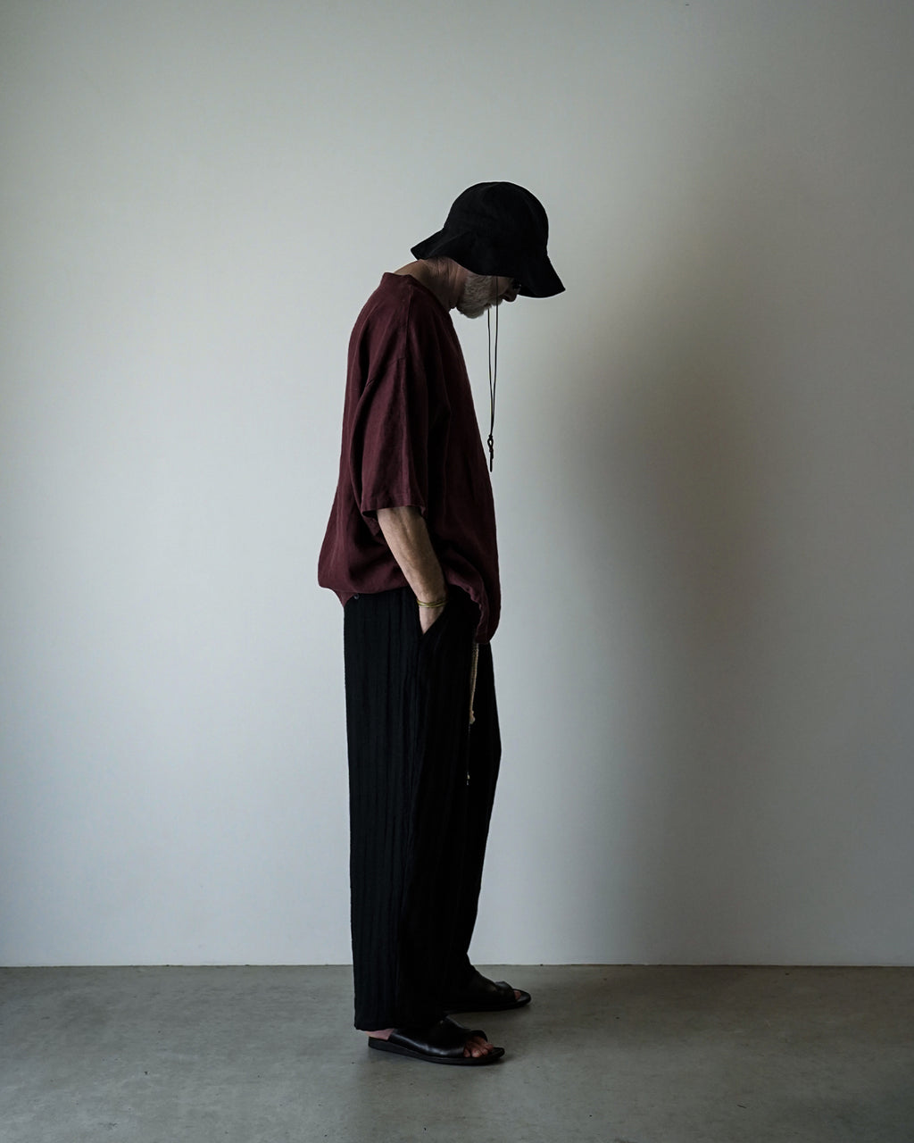 Linen Herringbone Button-Fly Easy Sarouel Pants <#black>