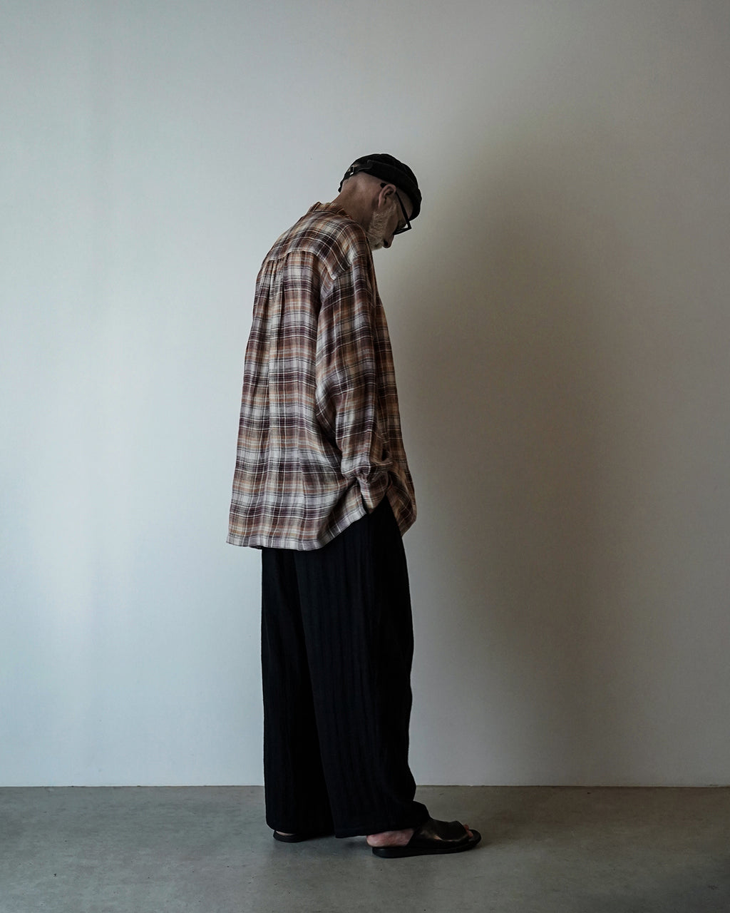 Linen Madras Check Open Collar Long-Sleeve Gathered Shirt<#red check>