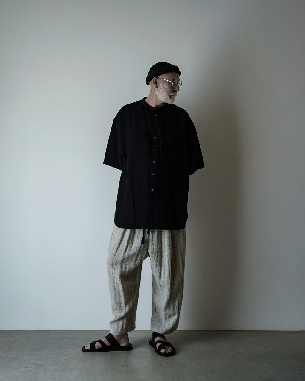 Wash Linen Band Collar Henley Neck Like Half Sleeve Atelier Shirt <#black>