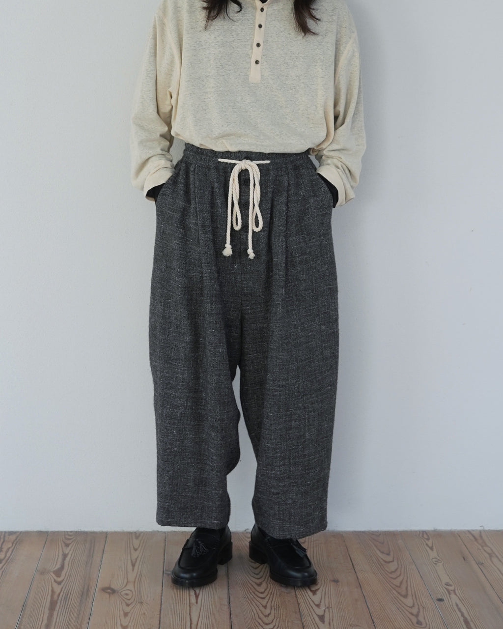 Shetland Wool Linen Rope Belt Easy Sarouel Pants <#charcoal>
