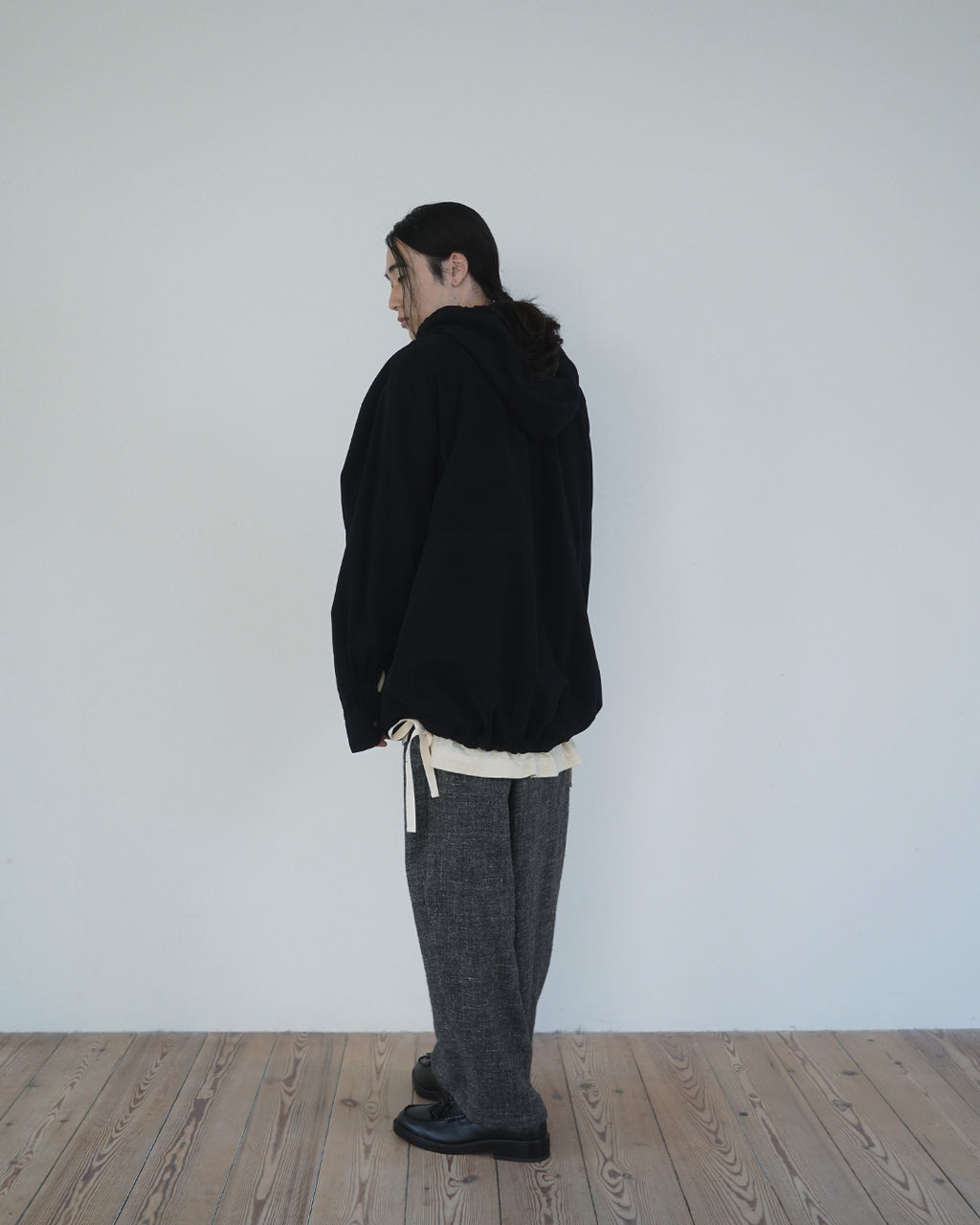 Brushed Cotton Flannel Biowash French Anorak Parka <#black>