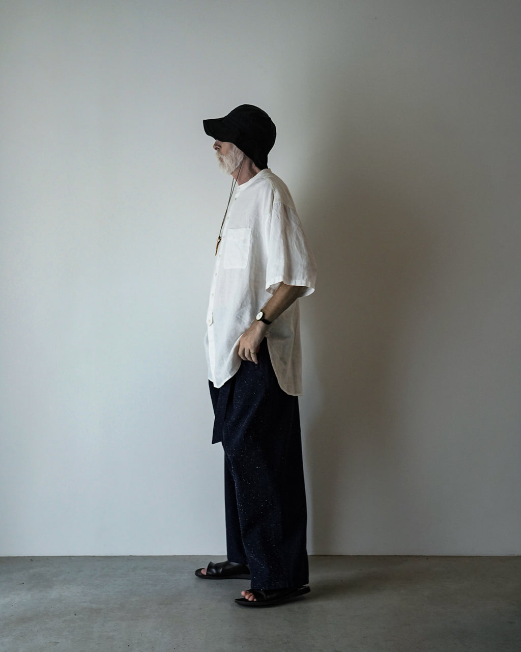 Wash Linen Band Collar Henley Neck Like Half Sleeve Atelier Shirt <#off white>