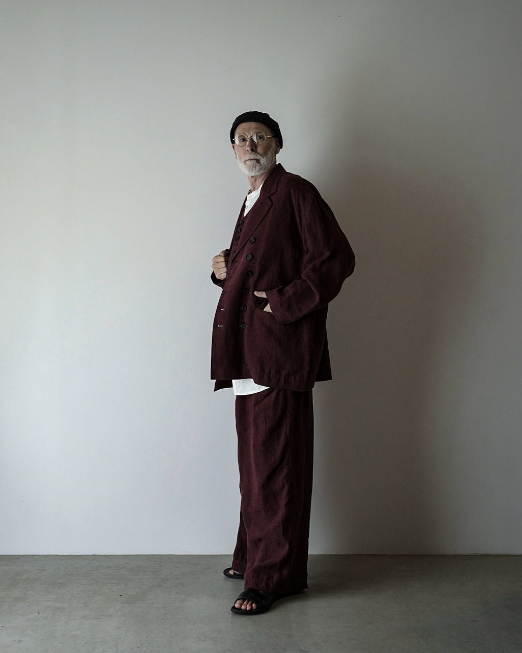 French Linen Back-Open Button Design Semi-Double Jacket <#burgundy>