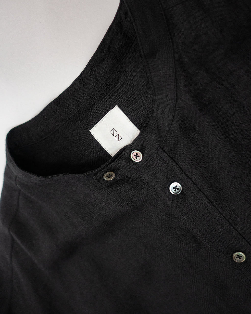 Linen Band Collar Round Slit Long Officer Shirt <#black>