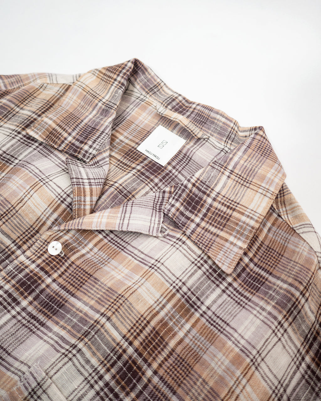 Linen Madras Check Open Collar Long-Sleeve Gathered Shirt<#red check>