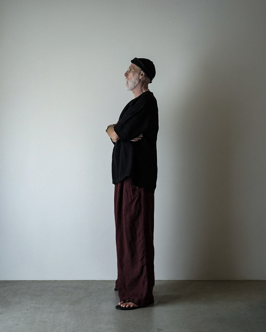 French Linen Crew Neck Half Sleeve Oversized Pullover <#black>