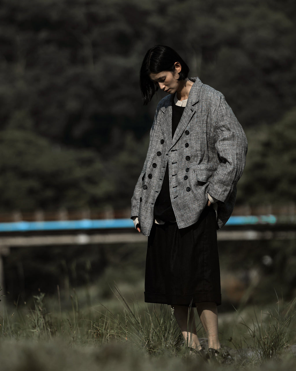 Glen Check Linen Back-Open Button Design Semi-Double Jacket <#glen check>