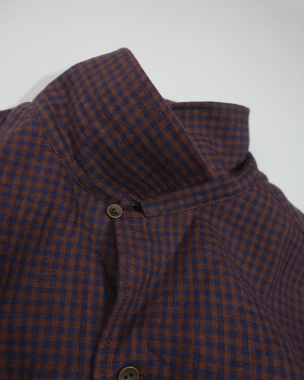 Wash Linen Open Collar 3/4 Sleeve Sleeping Shirt <#brown×navy>