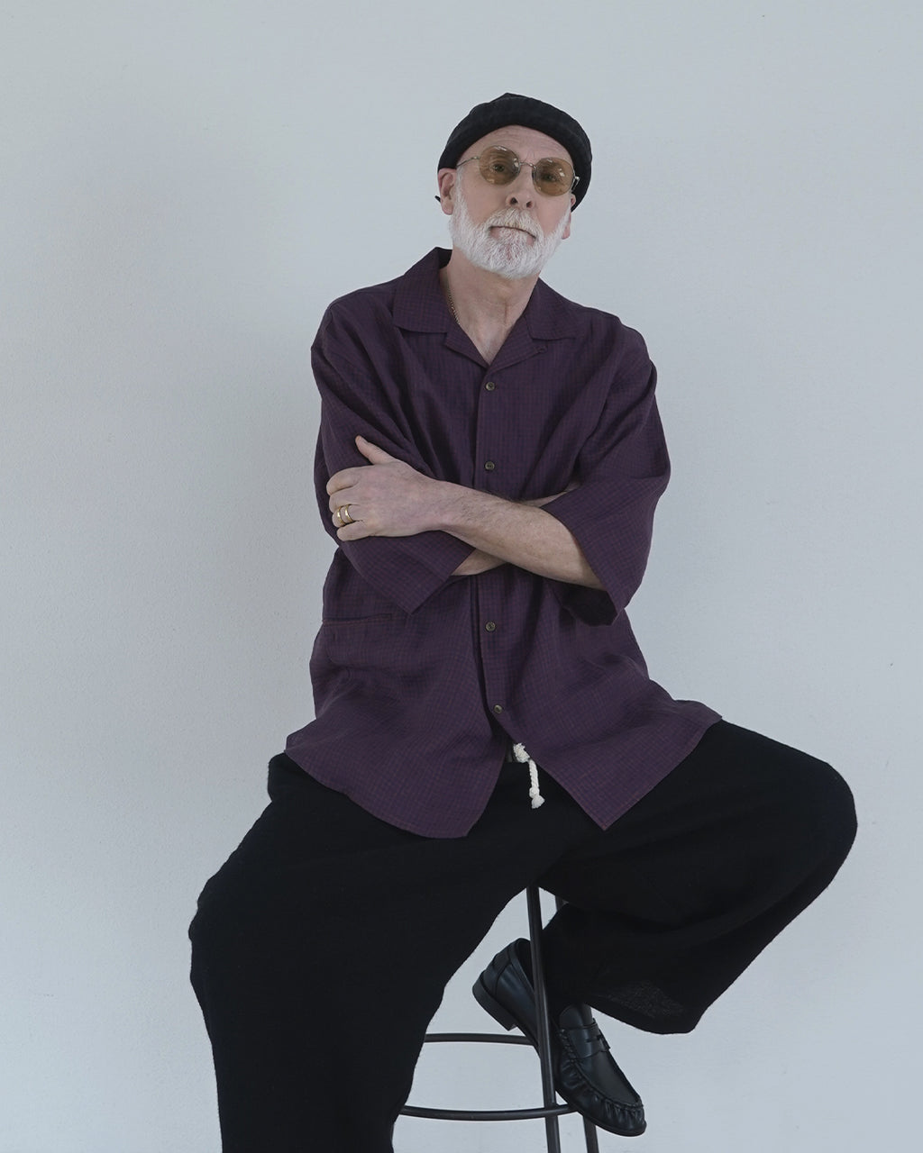 Wash Linen Open Collar 3/4 Sleeve Sleeping Shirt <#brown×navy>