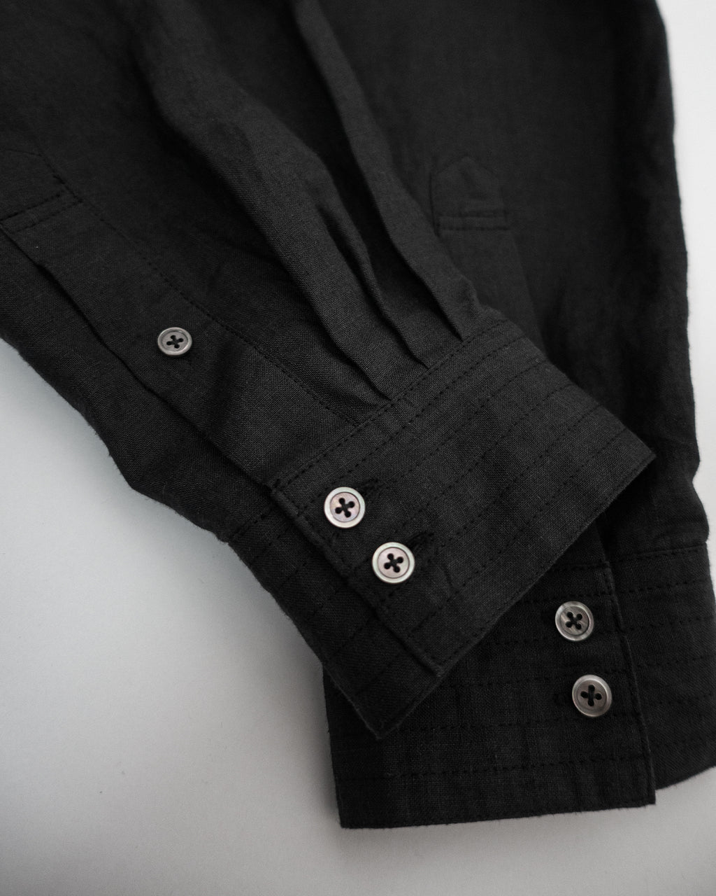 Linen Band Collar Round Slit Long Officer Shirt <#black>