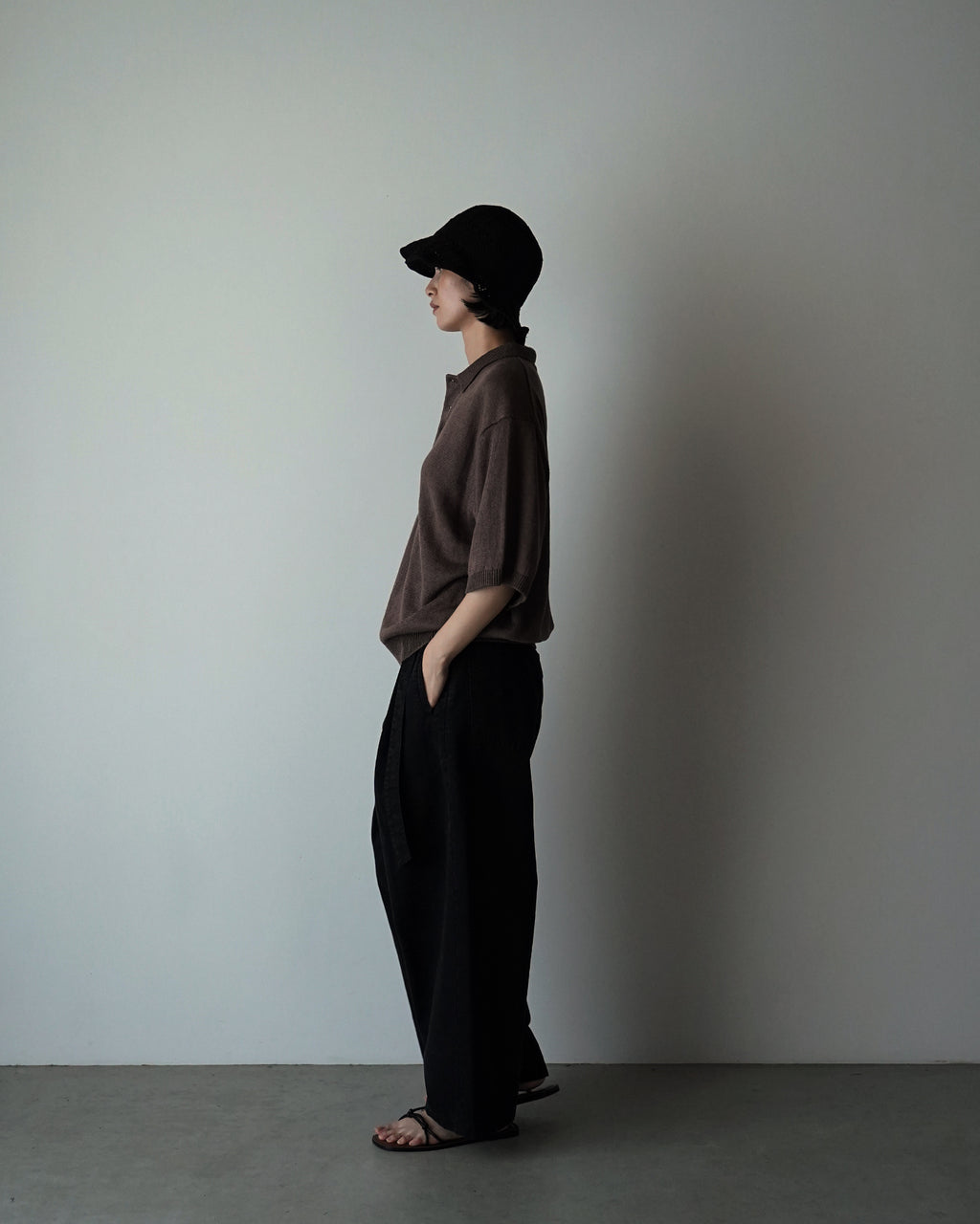 Linen Mid-Gauge Half Sleeve Knit Polo <#brown>