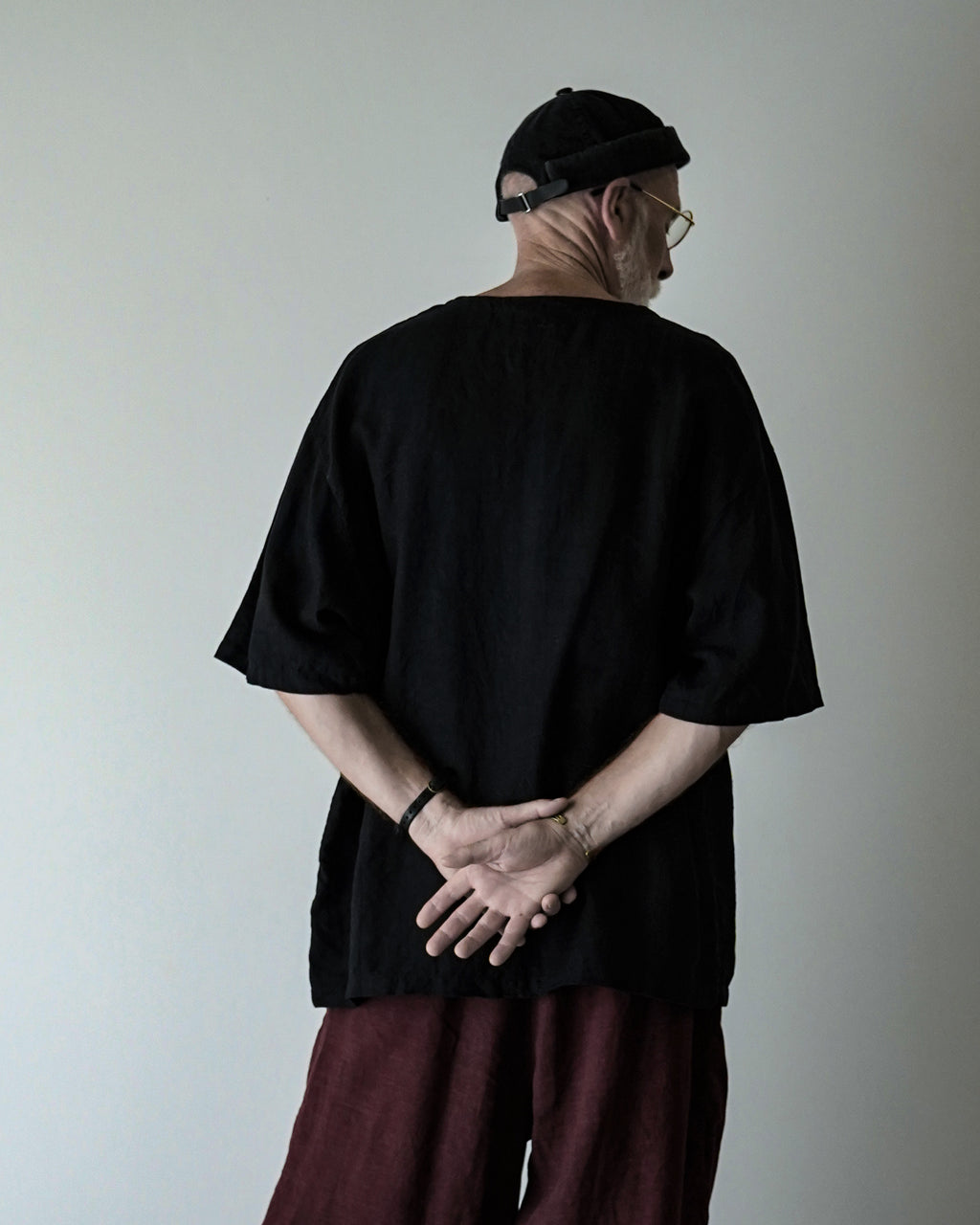 French Linen Crew Neck Half Sleeve Oversized Pullover <#black>