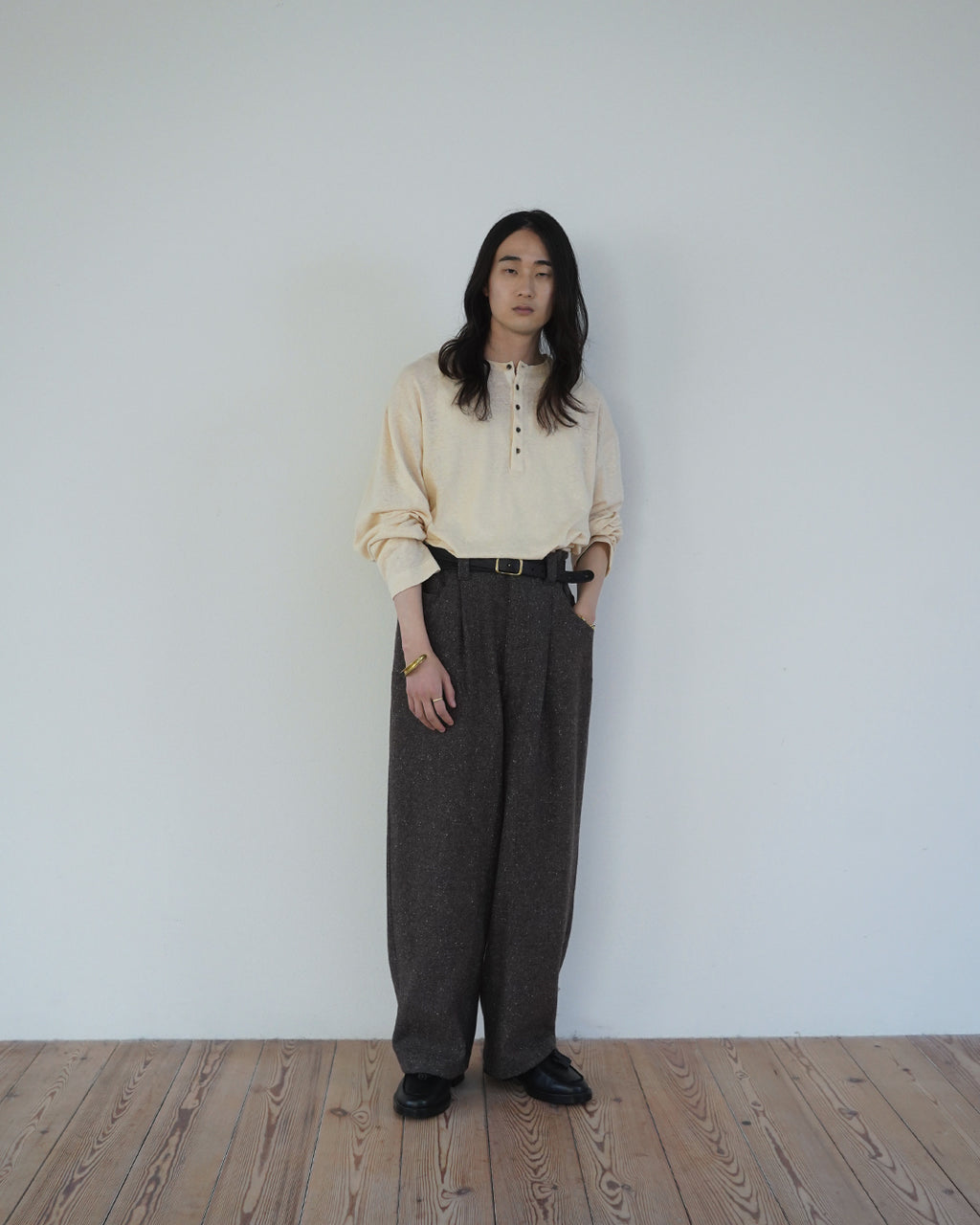 Linen Jersey Henley Neck Middle Length L/S Tee <#ivory>