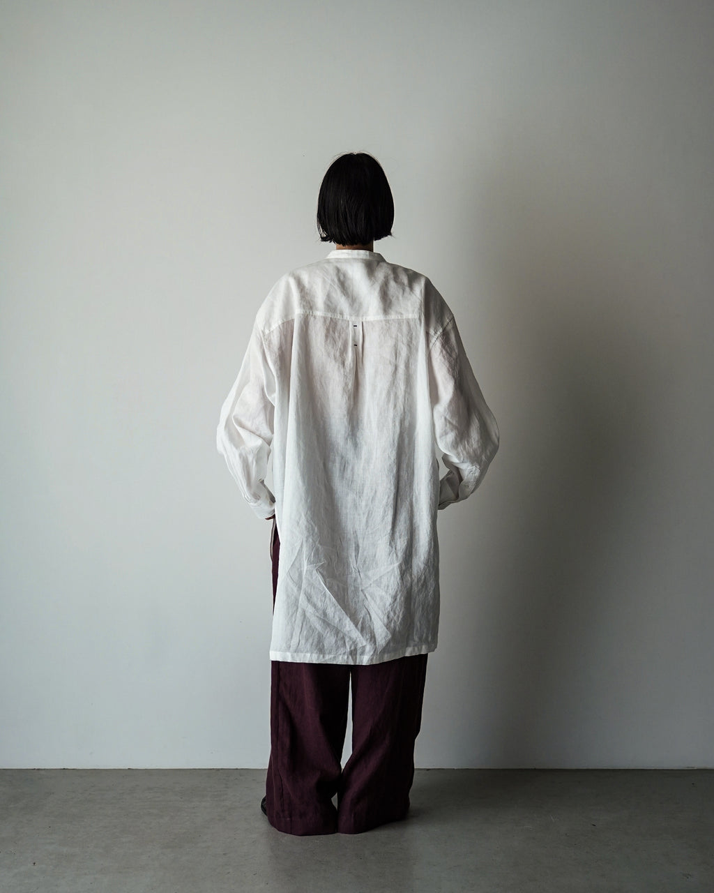 Linen Band Collar Round Slit Long Officer Shirt <#off white>