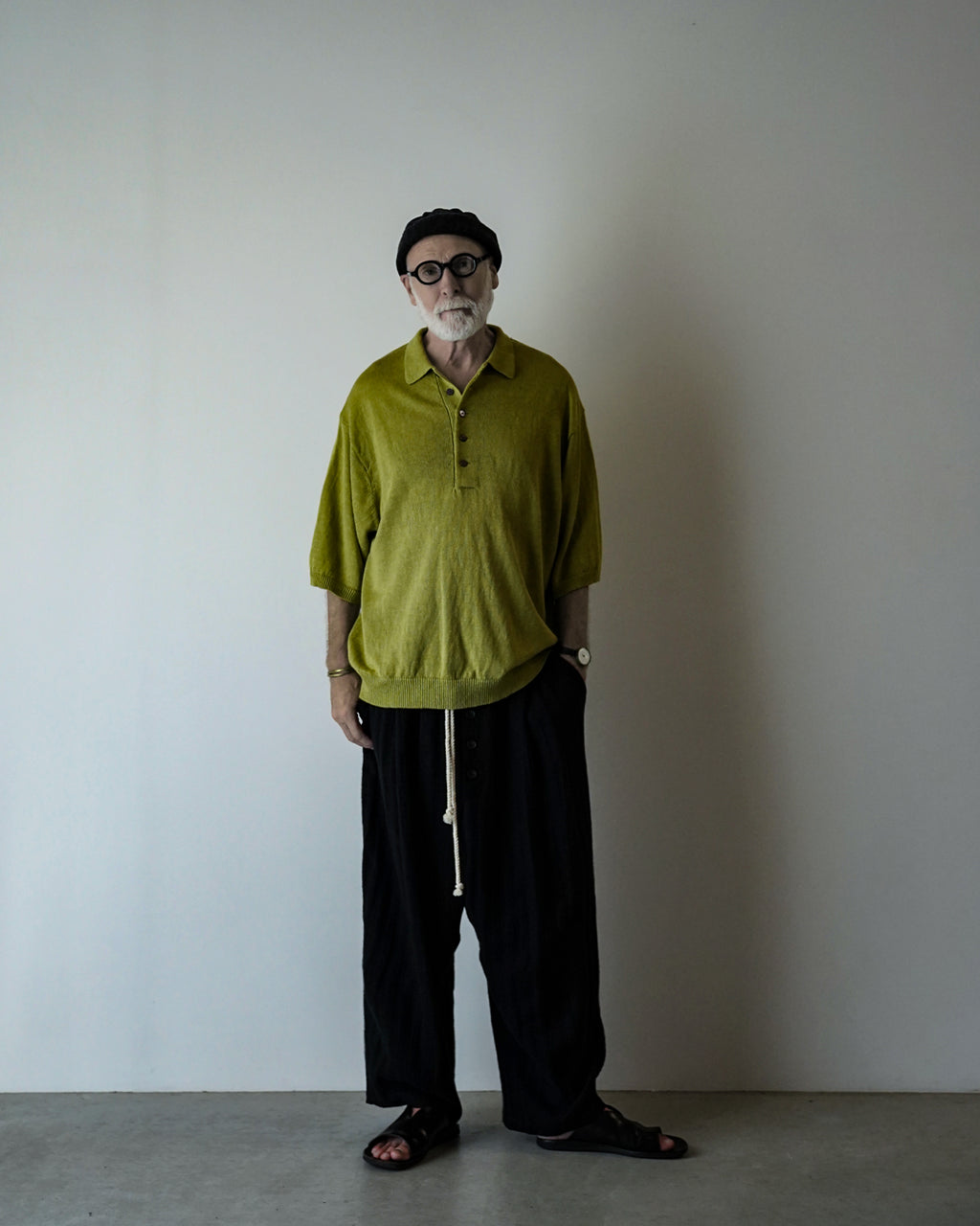 Linen Herringbone Button-Fly Easy Sarouel Pants <#black>