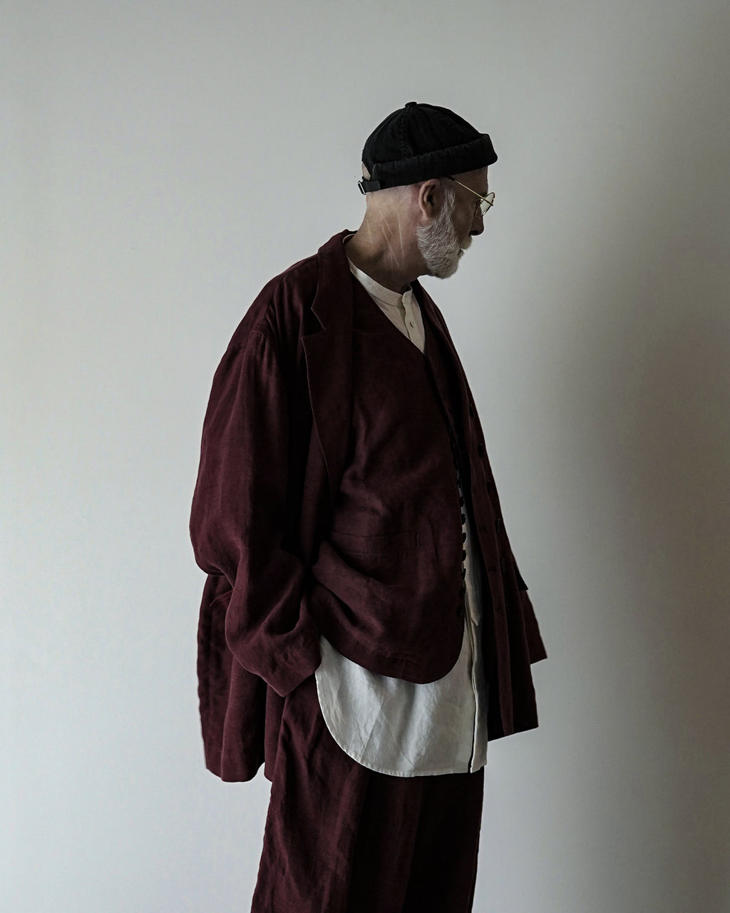 French Linen Back-Open Button Design Semi-Double Jacket <#burgundy>