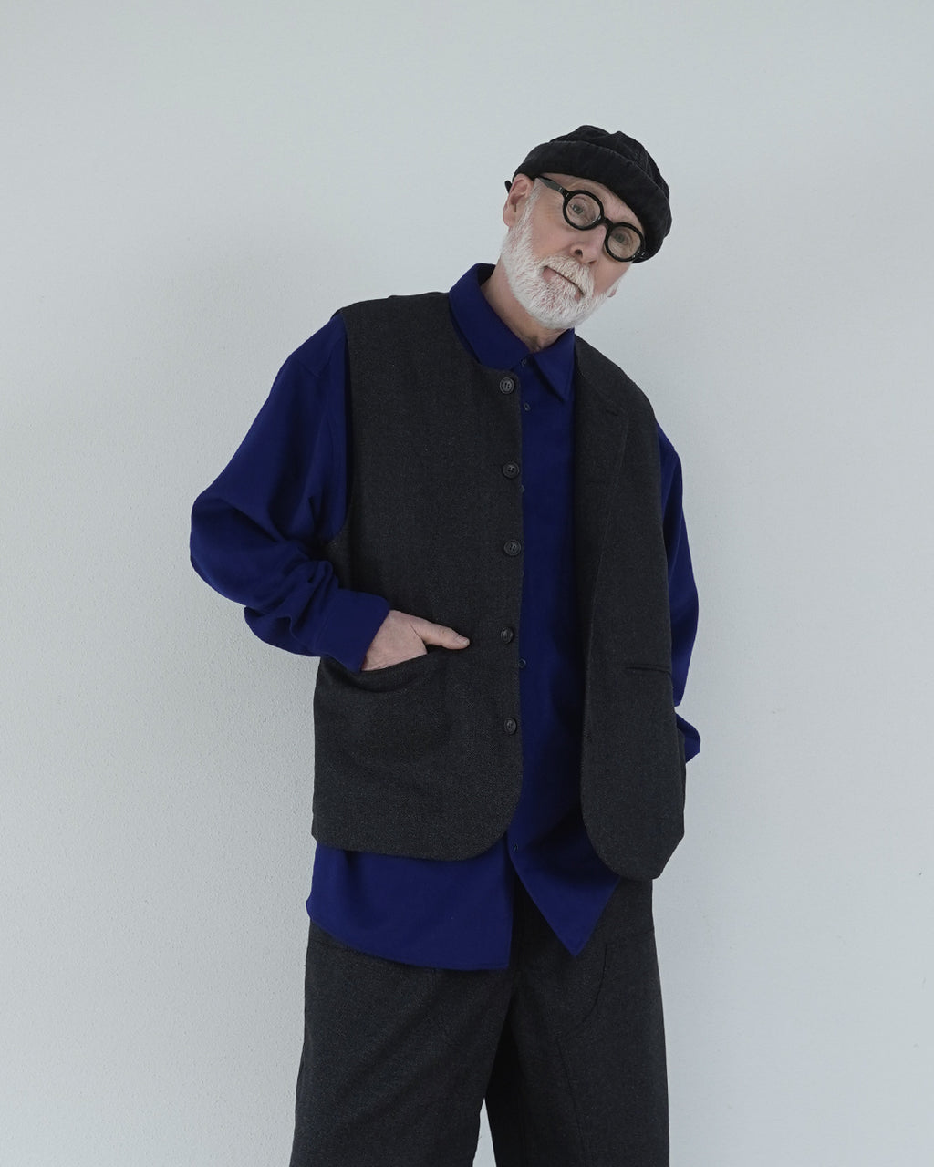 Wool Blend Tweed Back-Open Layered Crew Neck Vest <#black>