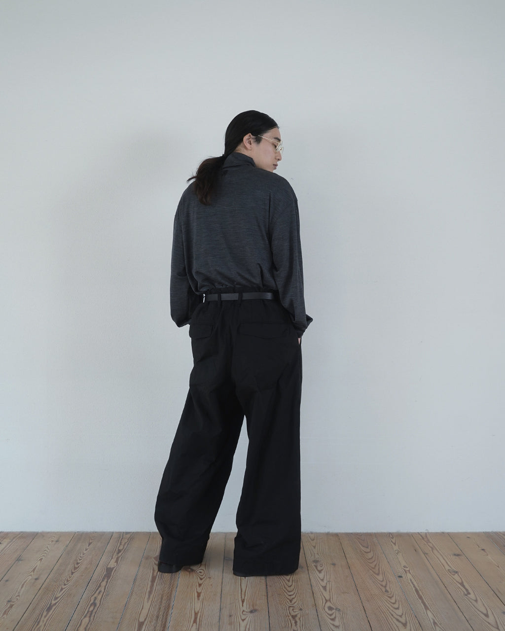 Oiled Wax Washed Moleskin Wide Baggy Pants <#black>
