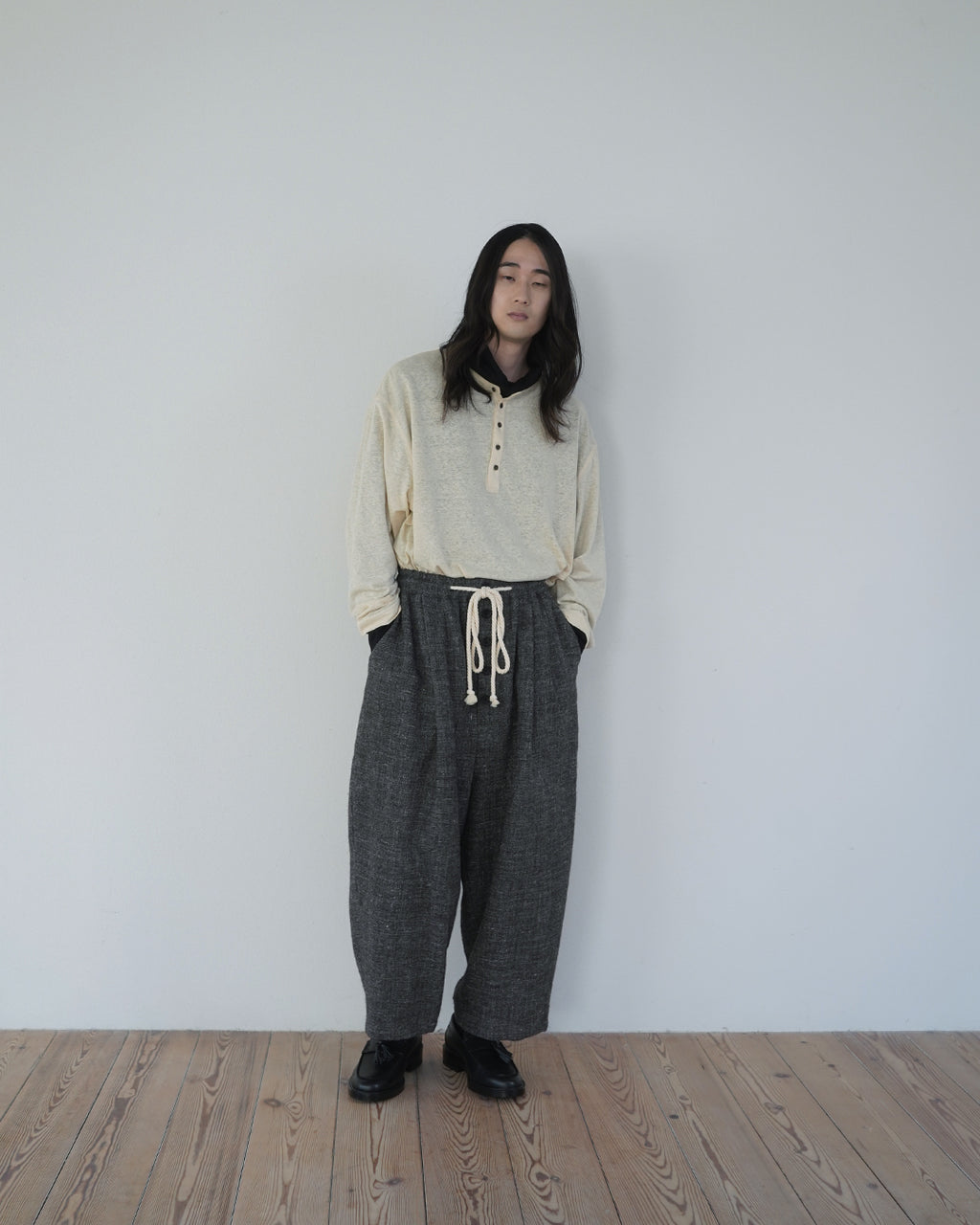 Shetland Wool Linen Rope Belt Easy Sarouel Pants <#charcoal>