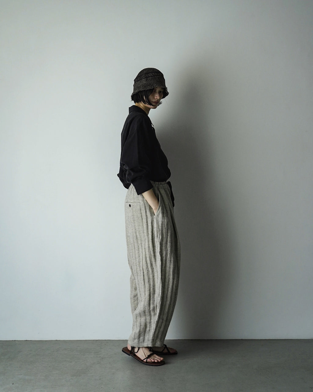 Linen Herringbone Button-Fly Easy Sarouel Pants <#heather gray>