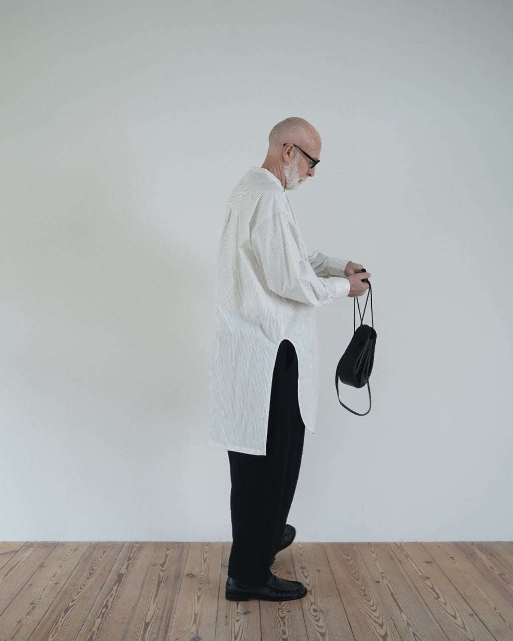 Cotton Typewriter Round Slit Long Officer Shirt <#ivory stripe>