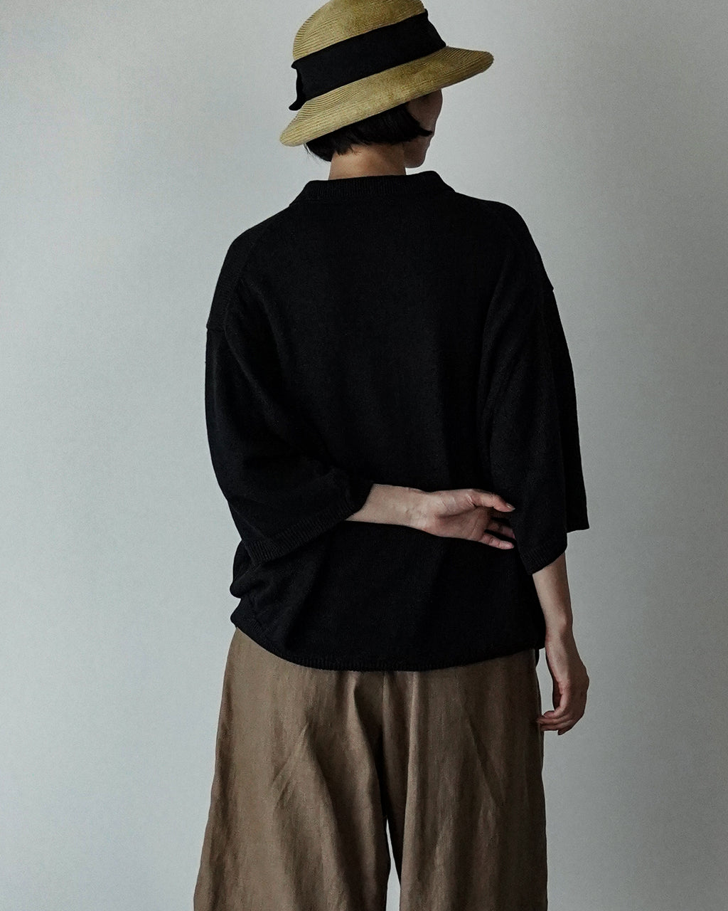 Linen Mid-Gauge Half Sleeve Knit Polo <#black>