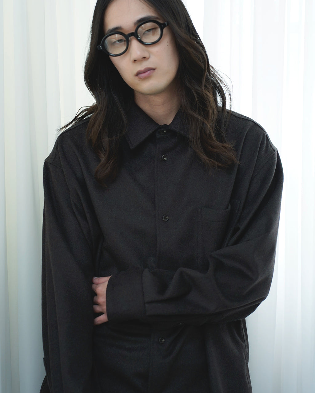 Wool Blend Heavy Flannel Wide Tuck Over Shirt <#olive>