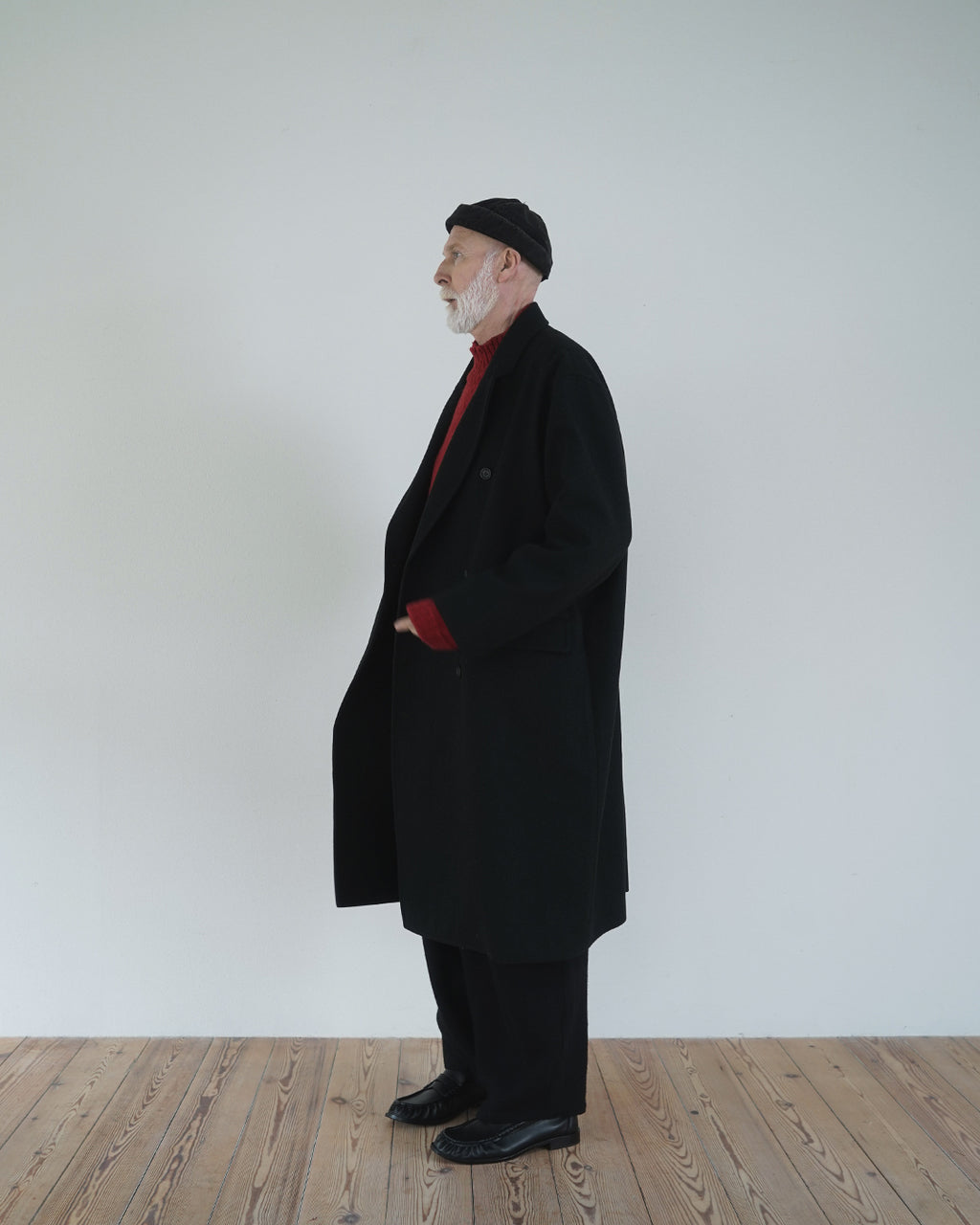 Wool Blend Double-Breasted Long Coat <#black>