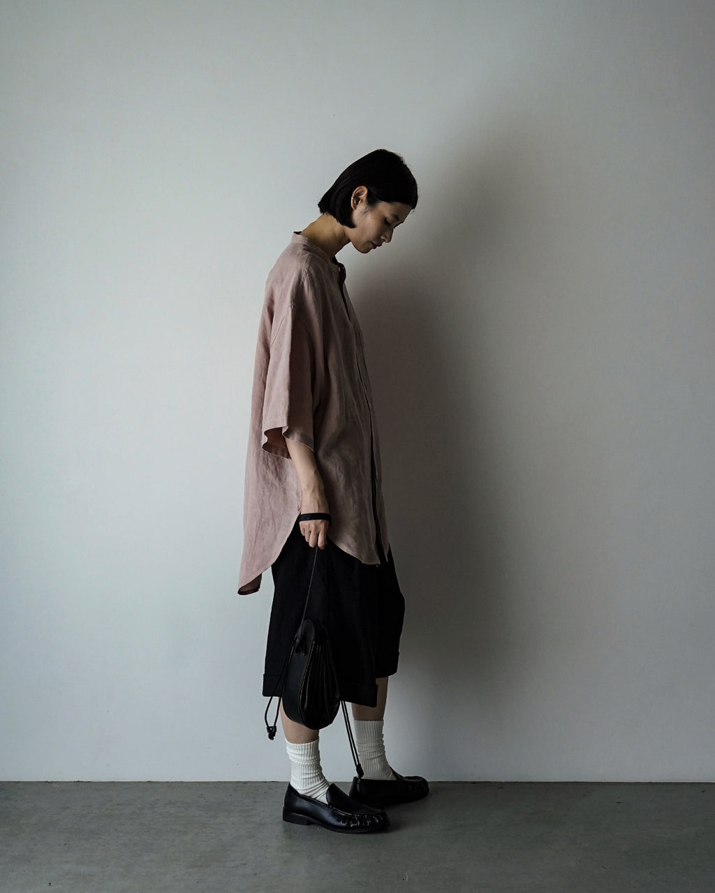 Wash Linen Band Collar Henley Neck Like Half Sleeve Atelier Shirt <#smoke pink>