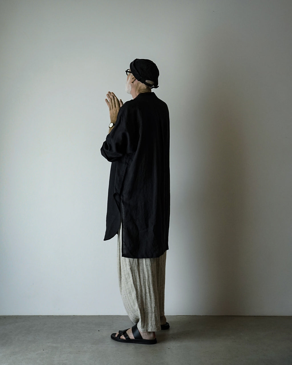 Linen Band Collar Round Slit Long Officer Shirt <#black>