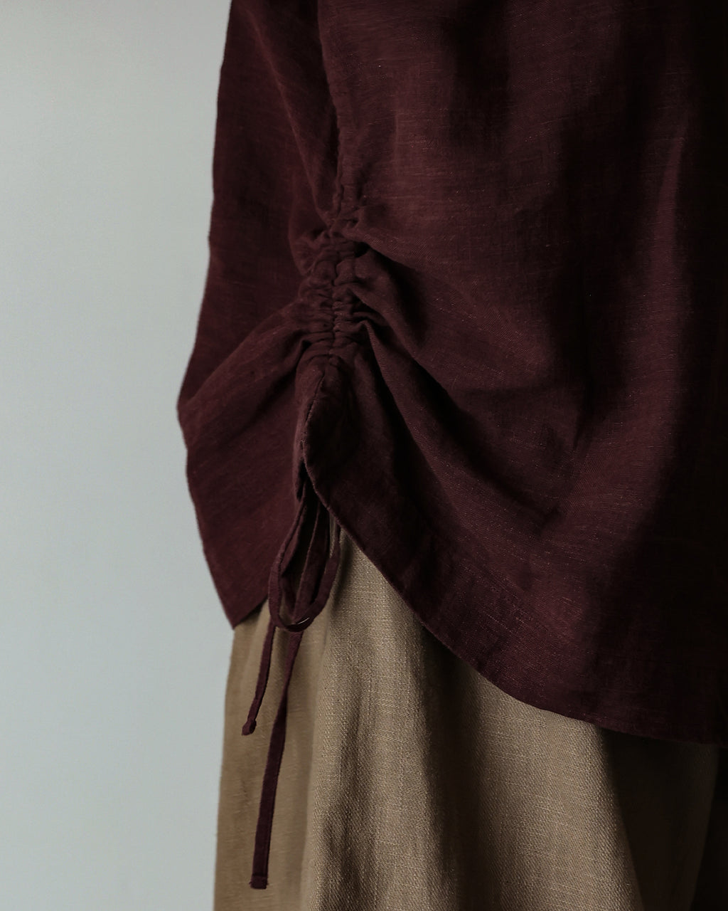 French Linen Side Shirring Long-Sleeve Pullover<#burgundy>