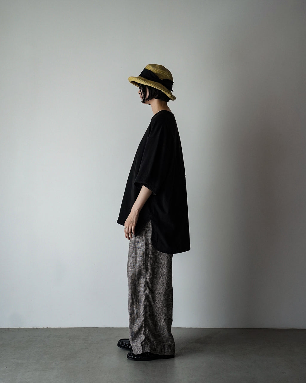Glen Check Linen Back Belt 3Tuck Wide Straight Trousers <#glen check>
