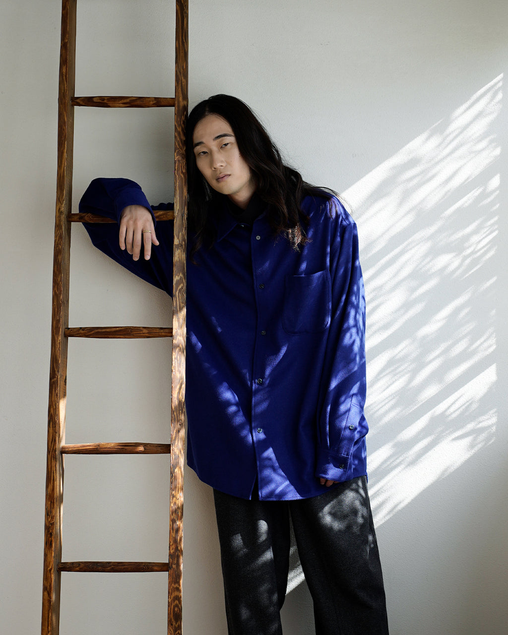 Wool Blend Heavy Flannel Wide Tuck Over Shirt <#royal blue>