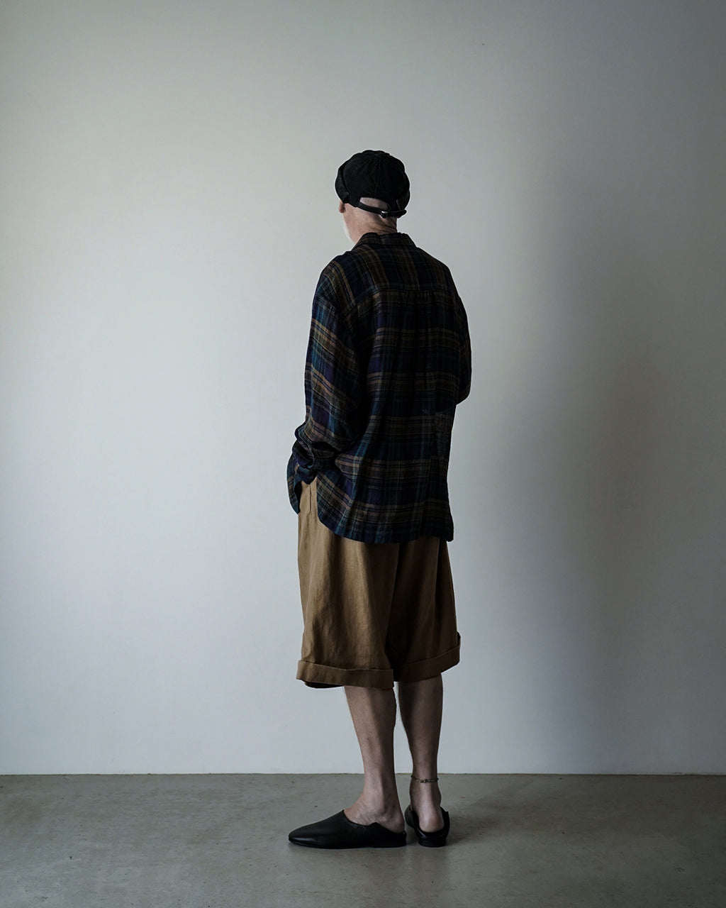 Linen Madras Check Open Collar Long-Sleeve Gathered Shirt<#navy check>