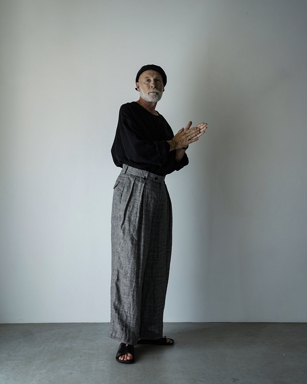 Glen Check Linen Back Belt 3Tuck Wide Straight Trousers <#glen check>