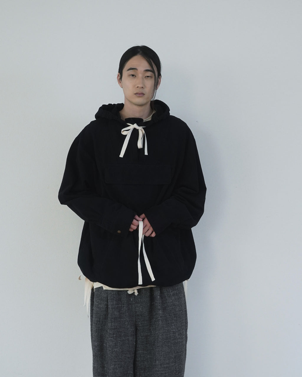 Brushed Cotton Flannel Biowash French Anorak Parka <#black>