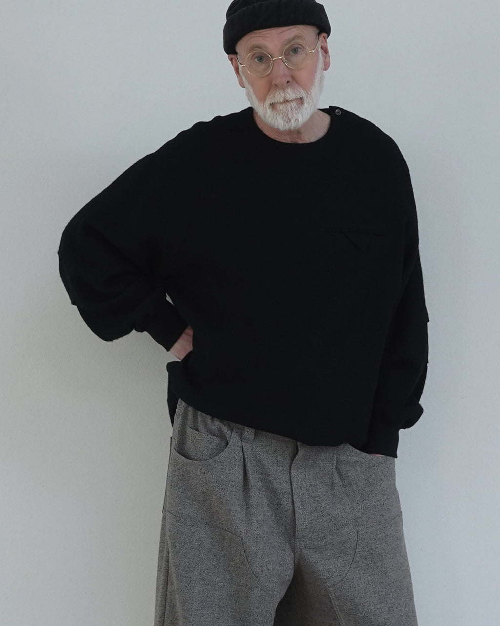 Shetland Wool Linen Crew Neck LS Tuck Rib Pullover <#black>